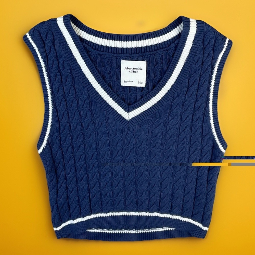 Abercrombie & Fitch Cable Knit Sweater Vest Womens L Blue V-Neck Preppy Academia